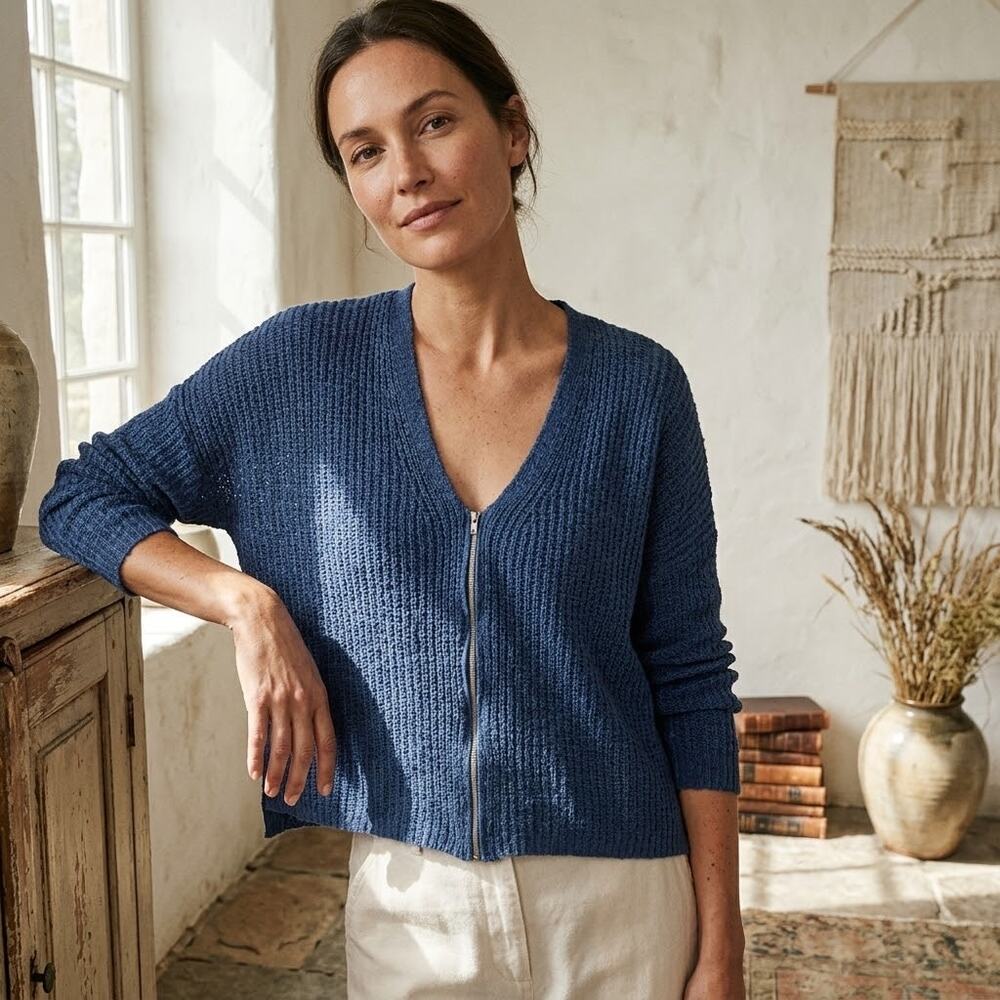 Eileen Fisher linen blend blue knit zip front long sleeve cardigan sweater large